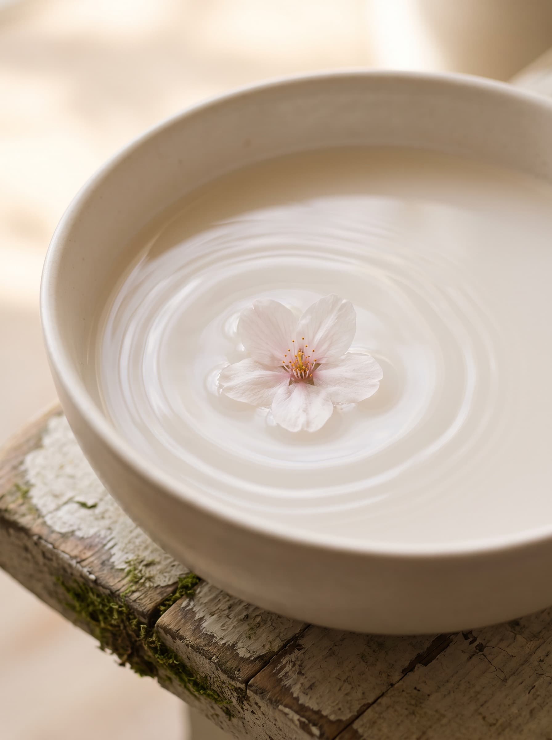 Sakura blossom floating in a ceramic bowl of water