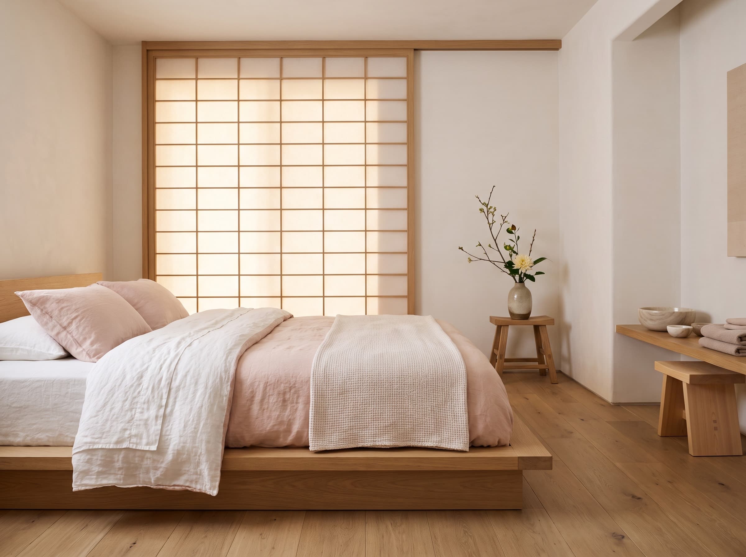 Treatment room with a low oak bed, blush linen and a glowing shoji screen
