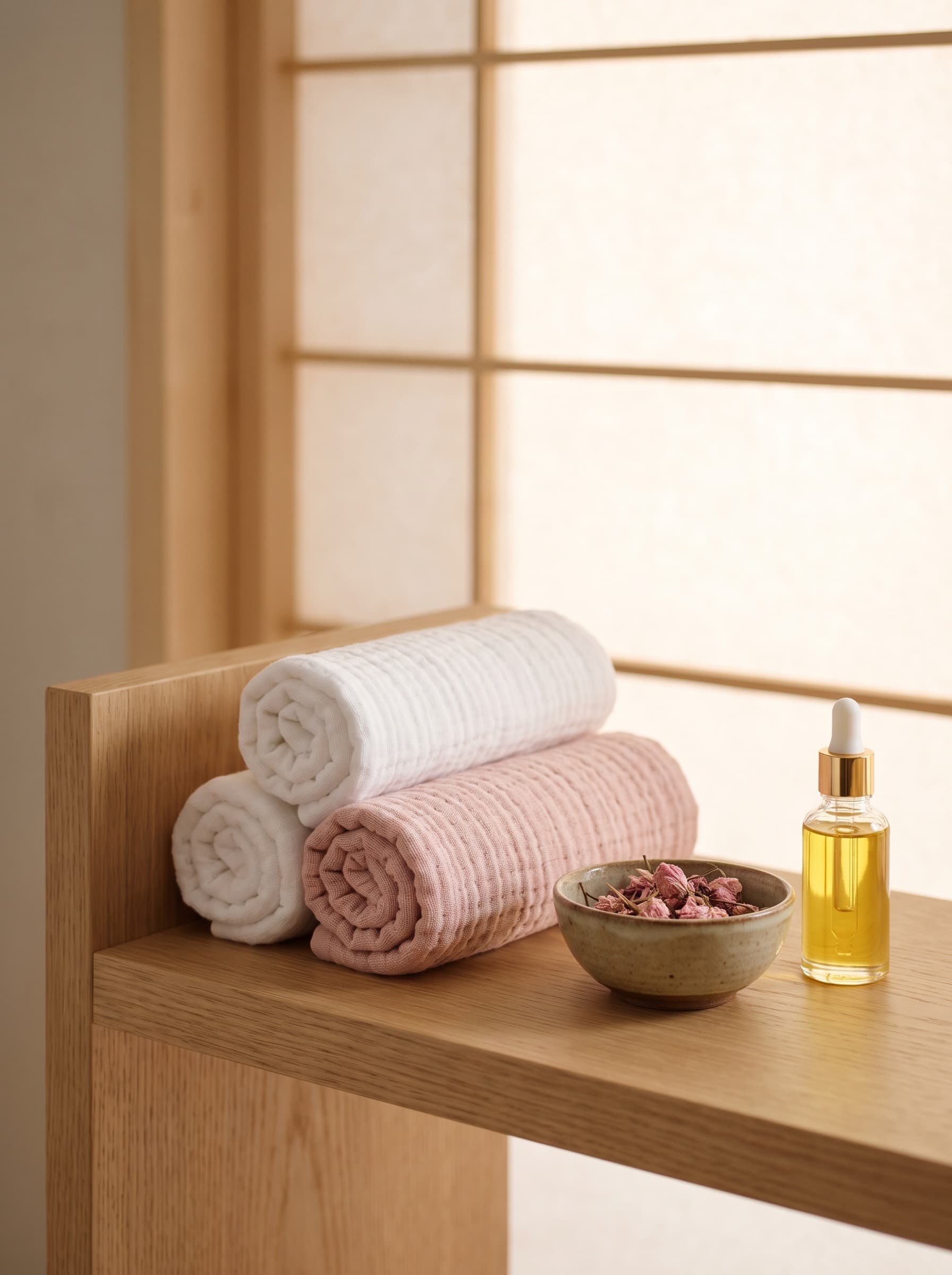 Rolled towels in white and blush beside facial oil and dried sakura blossoms