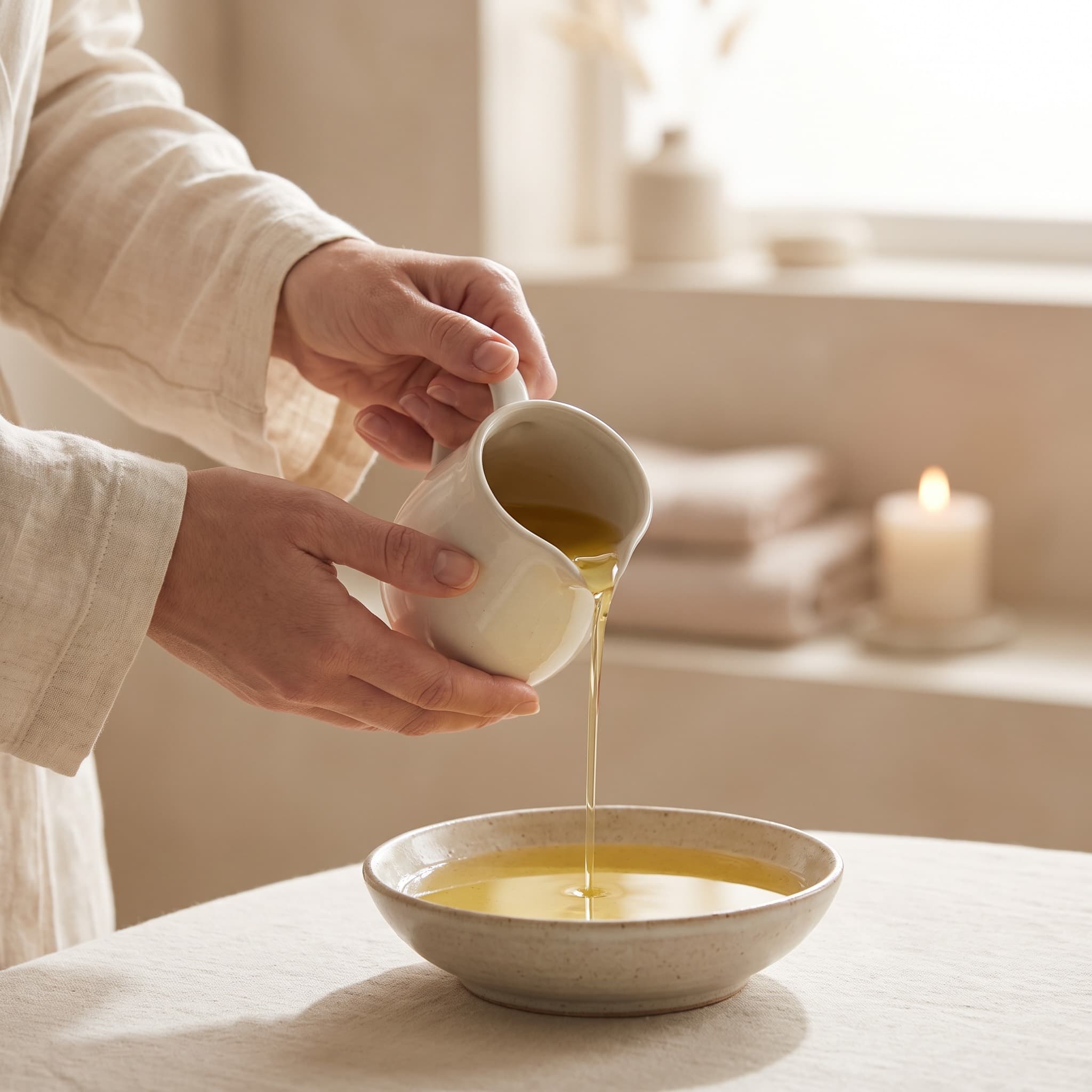 Hands pouring warm oil from a white ceramic pitcher