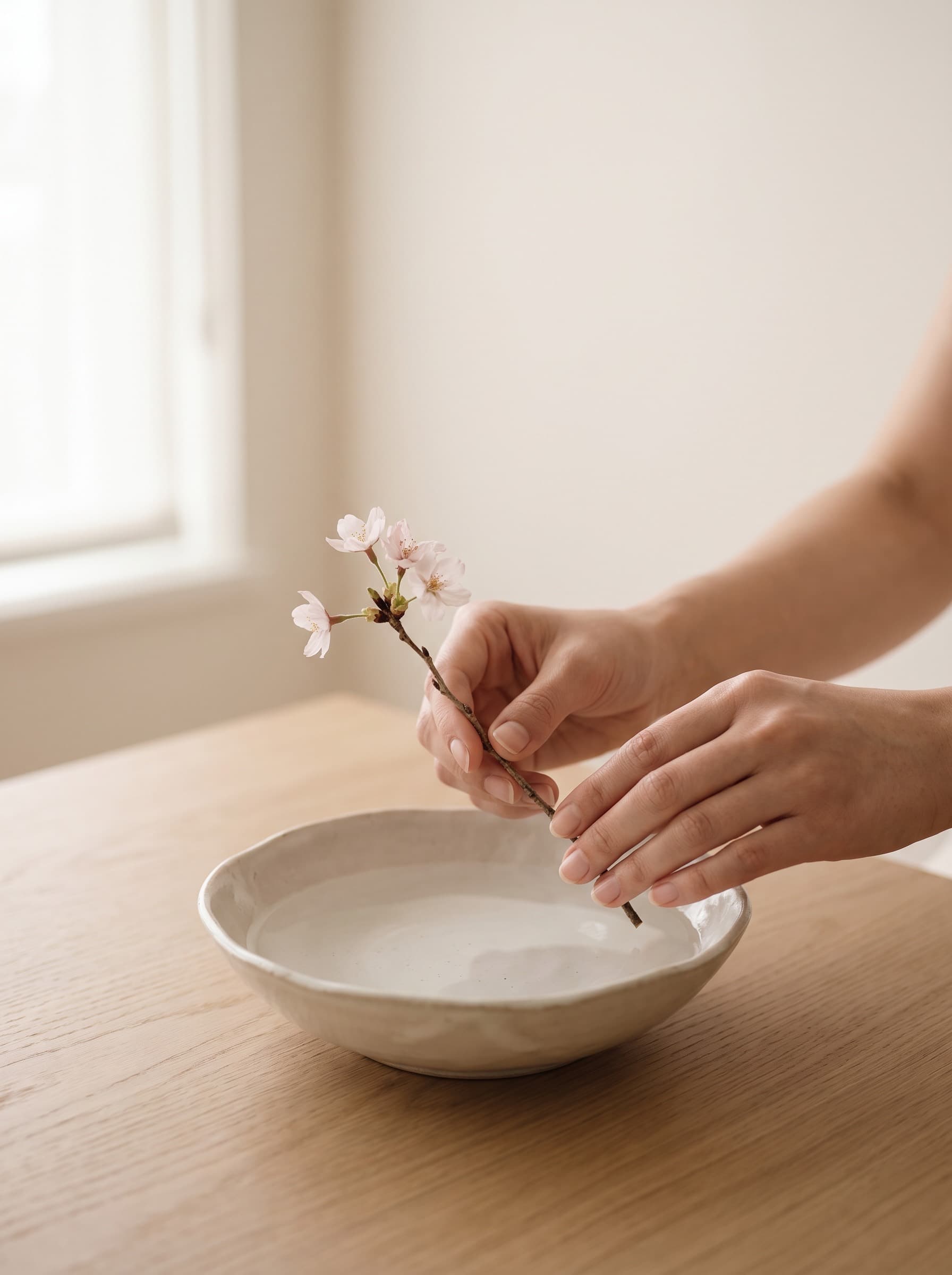 Hands placing a sakura branch over a ceramic bowl of water