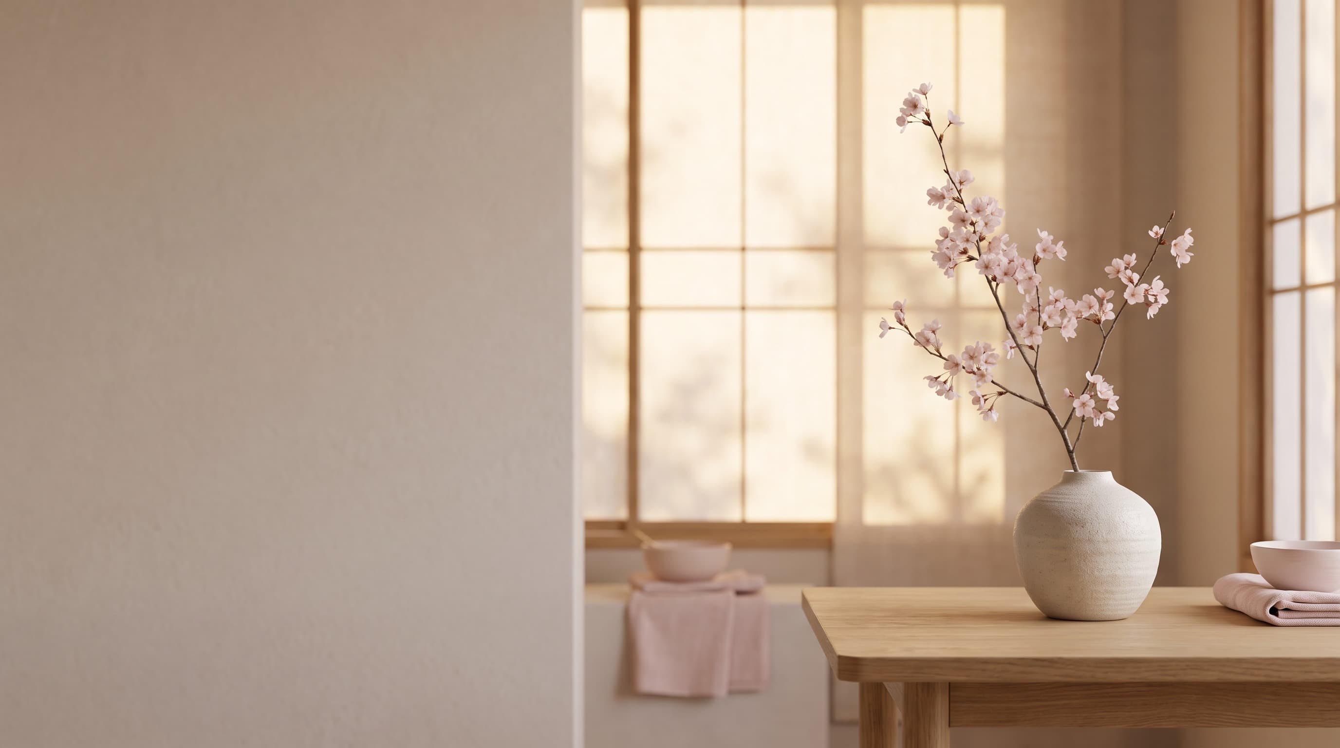 Blossoming sakura branch in a ceramic vase, in a warm-lit room with shoji screens