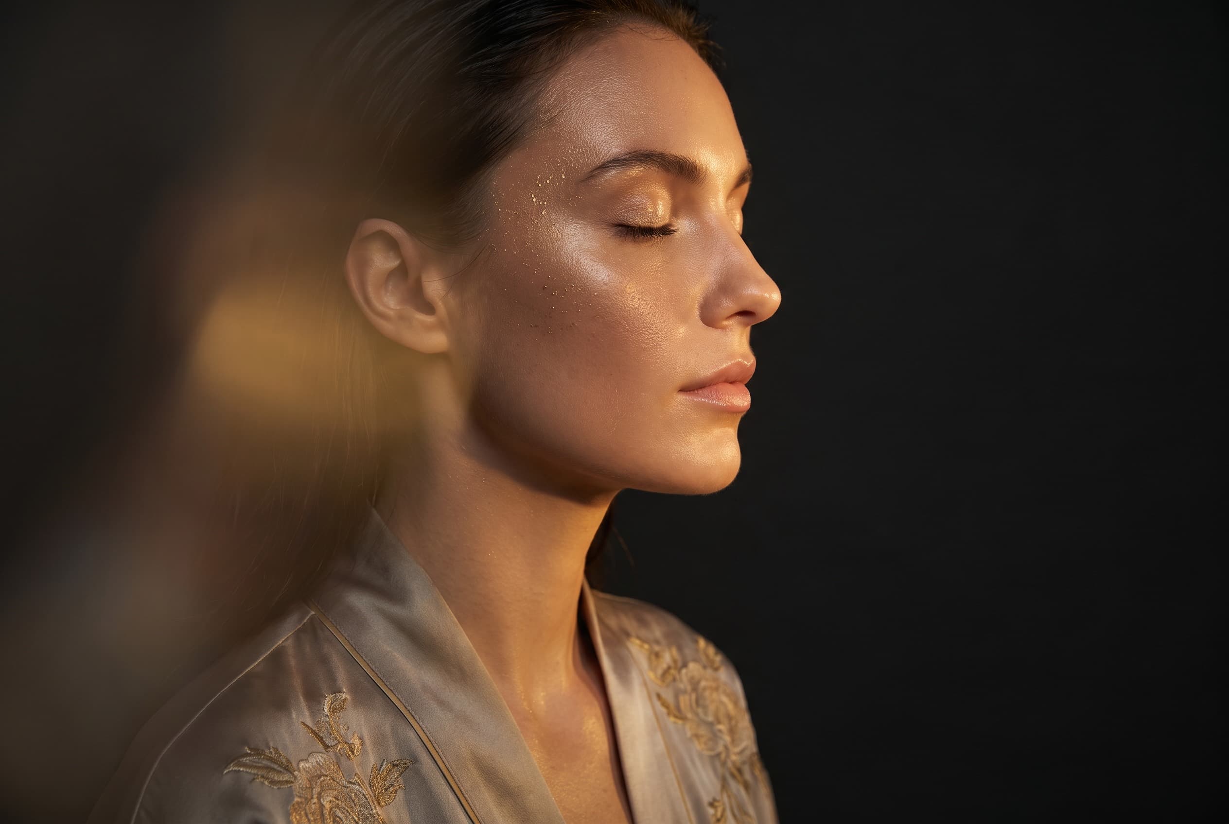 Serene profile of a woman with glowing skin, lit by a soft golden light