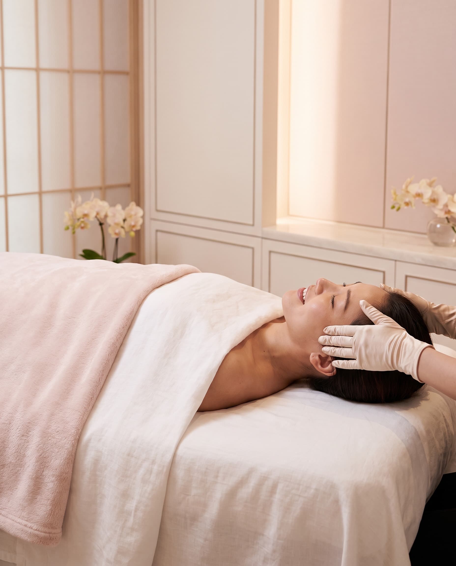 Serene woman receiving a Kobido massage on her temples, lying on white linen
