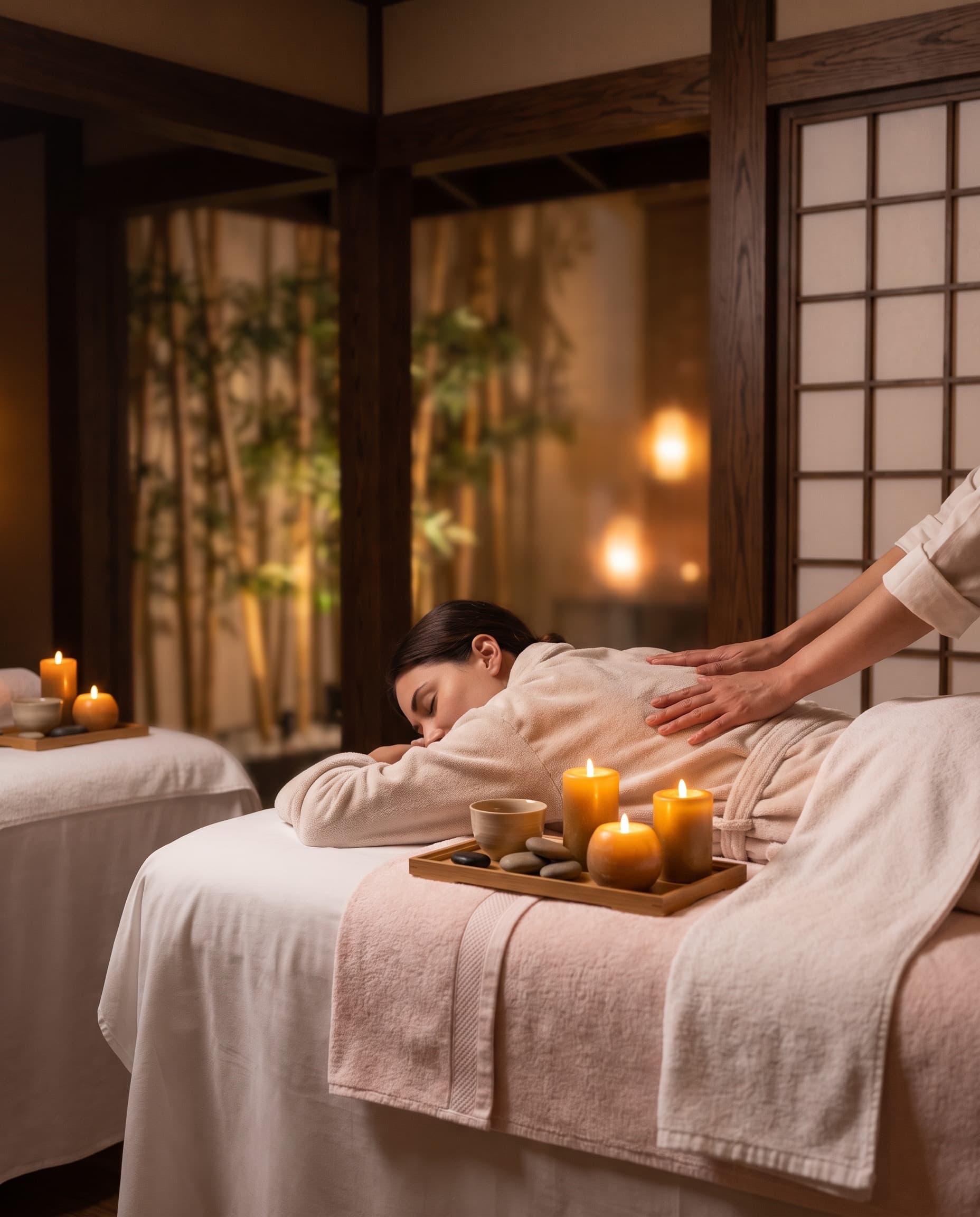 Candlelit treatment room where a woman receives a back massage